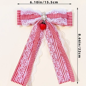 Haarspange mit roter Karoschleife, Erdbeer-Anhänger und Spitze im Lolita-Stil für Damen