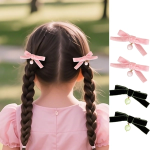 Velvet bow hair clips with cat eye beads for girls in pink and dark green set