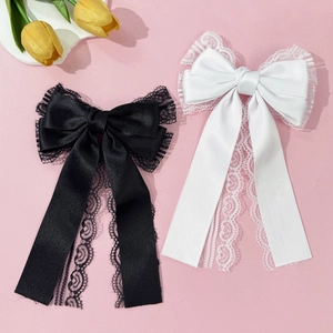 Elegant Handmade Lace Bowknot Hair Clip Polyester Cotton Satin Texture Long Ribbon Hairpin Korean Sweet Hair Accessories