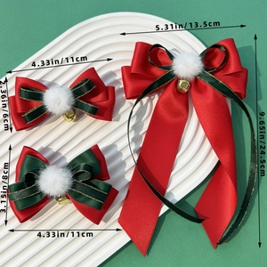 Christmas bow hair clips with festive bells and pom-poms in red and green ribbon