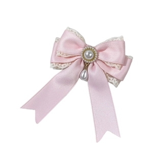 Pink satin bow hair clip with lace layers and elegant pearl pendant jewelry