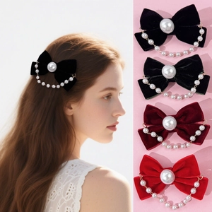 French vintage velvet bow hair clip with large pearl and dangling pearl chains detail