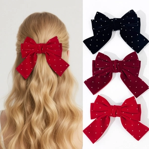 French Vintage Velvet Bow Hair Clip For Women Elegant Rhinestone Large Hair Bowknot Headpiece Elegant Party Hair Accessories