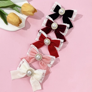 Vintage Velvet Bow Hair Clip With White Lace Trim And Faux Artificial Pearl Sweet Princess Style Duckbill Clip Women Hair Accessories