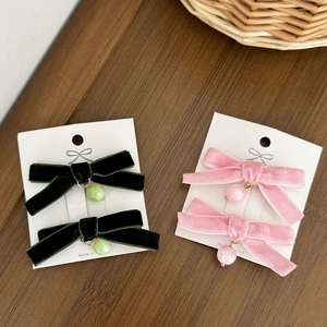 Sweet Balletcore Velvet Bow Hair Clips With Cat Eye Bead Pendant Elegant Retro Duckbill Clips Hair Accessories For Women Girls