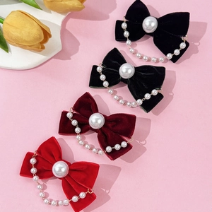 French Vintage Velvet Bow Hair Clip With Faux Artificial Pearl Chain Elegant Sweet Hairpin For Women Girls Party Hair Accessories