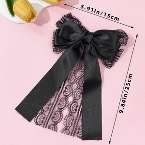 Elegant black lace bow hair clip with satin ribbons for women, dimensions 15cm by 25cm