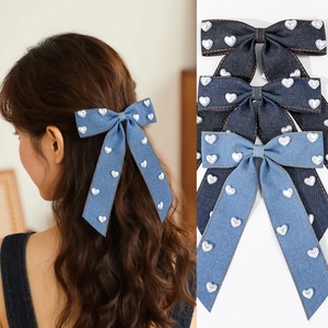 Pince à Cheveux Nœud en Denim pour Femmes Avec Décoration Künstliche Perle Cœur Élégant Ruban Long Nœud Papillon Accessoires Cheveux