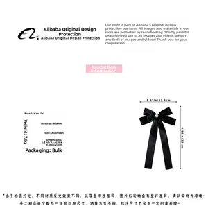 Detail showing dimensions of black ribbon bow hair clip with pearl center for women