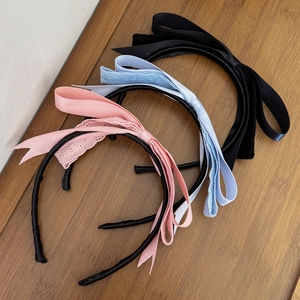 Three-piece retro lace bow headband set in black pink and blue for elegant women