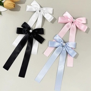 Elegant Satin Ribbon Bow Hair Clip With Faux Artificial Pearl Long Tassel Alligator Clip Sweet Hair Accessories For Women Girls