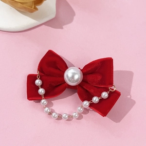 French vintage red velvet bow hair clip with pearl chain detail for elegant girls