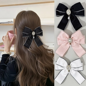 Vintage French Bow Hair Clip With Rhinestone And Faux Artificial Pearl Jacquard Ribbon Duckbill Clip Elegant Hair Accessories For Women