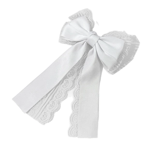Elegant white lace bow hair clip with silky satin ribbons and long hanging tassels for women