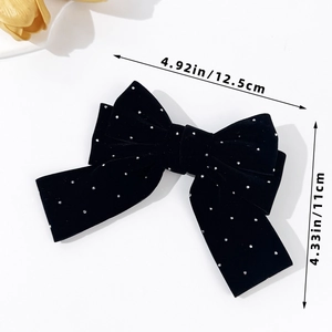 Elegant black velvet bow hair clip with silver rhinestones and measurements displayed