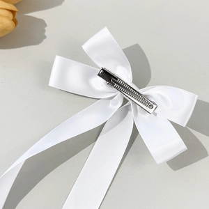 Elegant white satin ribbon bow hair clip with silver metal crocodile clip for girls