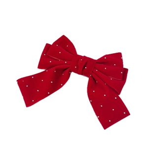 Elegant red velvet bow hair clip with silver rhinestones and long ribbons for women