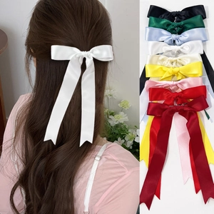 Long satin ribbon bow hair clips set in multiple colors for sweet ballerina style