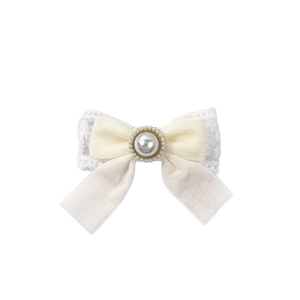 French vintage velvet bow hair clip with lace details and pearl center on white background
