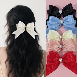 Barrette à Cheveux Nœud en Strass Coeur Style Japonais Satin à Volants Pince à Bec de Canard Lolita Ruban Accessoires Pour Femmes
