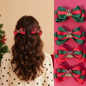 Pinces à Cheveux Nœud de Noël Faites à la Main Avec Cloches Dorées Ruban Rayé Rouge Vert Accessoires de Cheveux Princesse