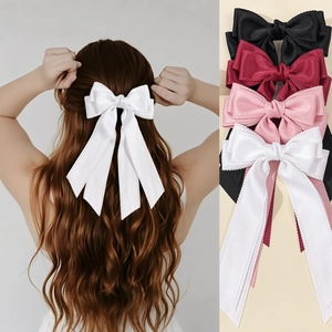 Elegant Large Satin Bow Hair Clip With Long Streamers Scalloped Edge Ribbon Hairpin For Women Girls Sweet Princess Hair Accessories