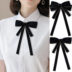 Elegant Black Ribbon Bow Tie Brooch With Metallic Edge Preppy Style Uniform Collar Flower For Women Professional Wear