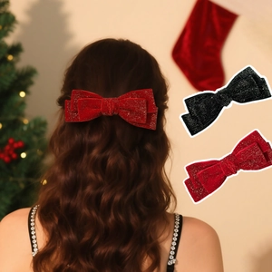 Elegant Velvet Bow Hair Clip With Gold Glitter Festive Hairpin For Women Christmas New Year Party Large Bow Hair Accessories