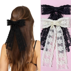French Elegant Lace Flower Bow Hair Clip With Long Ribbon Retro Double Layer Bowknot Spring Clip For Women Hair Accessories