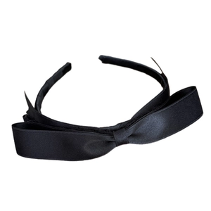 Elegant black satin headband with side bow design in French retro style for women