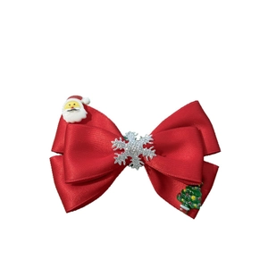 Nœud de Noël en satin rouge avec Père Noël, flocon de neige et breloques sapin