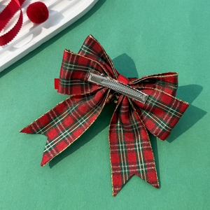 Barrette à cheveux nœud écossais rouge de Noël avec bordure dorée pour les fêtes