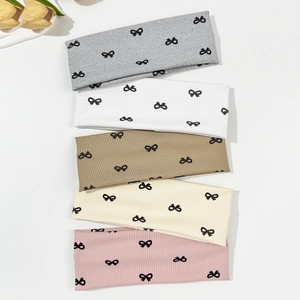 5-pack elastic bow print headbands in grey, white, khaki, cream, and pink soft cotton