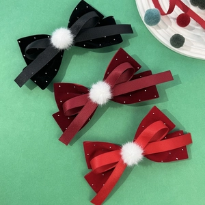 Vintage Velvet Bow Hair Clip Rhinestone Embellished With Satin Ribbon And Faux Fur Ball Christmas New Year Hair Accessories