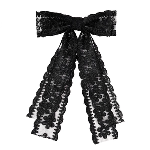 Elegant black lace double bow hair clip with long ribbons and floral embroidery