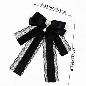 Elegant black lace bow with pearl pendant jewelry accessory for stylish women blouses