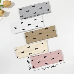Five-pack set of elastic bow-print headbands in grey white brown beige and pink colors
