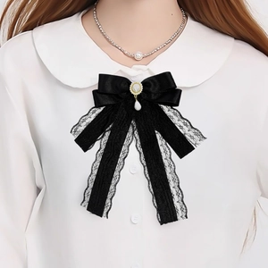 Vintage Black Lace Satin Bowknot Brooch Pin For Women Sweet Cool Preppy Style Artificial Pearl Pendant Shirt Tie Bow Accessory