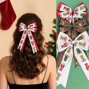 Pince à Cheveux Nœud Double Couche de Noël Avec Renne Plaid Ruban de Sangle Long Ruban pour Femmes Filles Fête de Noël
