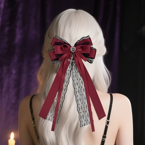 Pince À Cheveux Nœud Gothique Lolita Avec Pendentif Croix Strass Cœur Ruban Satin Dentelle Long Ruban Pour Femmes Fête Cosplay Bijoux