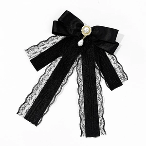 Elegant black lace bow brooch with a pearl pendant for women blouse accessories