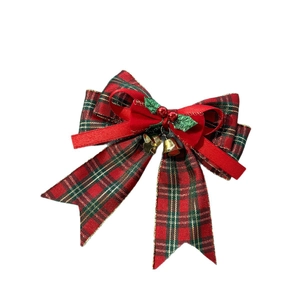 Barrette de Noël avec nœud à carreaux rouges, centre en velours et cloches dorées