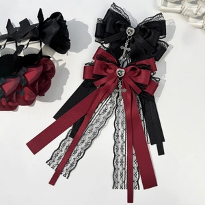 Gothic lace bow hair clip with heart rhinestone and cross pendant for women