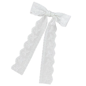 Elegant white lace bow hair clip with embroidered butterflies and long wavy ribbon tassels
