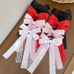 Sweet Bow Ribbon Hair Tie With Lace Trim For Women Girls Handmade Satin Ribbon Long Streamer Ponytail Holder Fashion Headwear