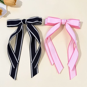 Barrette à cheveux élégante à double nœud avec longs rubans en gros-grain noir et rose