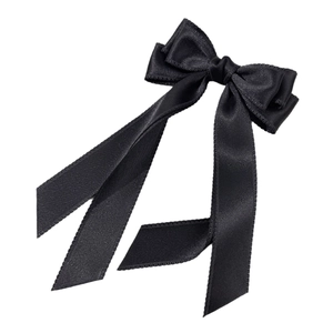 Elegant black satin multi-layer bow hair clip with long streamers and serrated edges