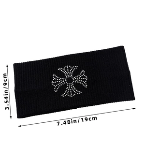 Elastic knitted headband in black with rhinestone cross pattern 19cm x 9cm size view