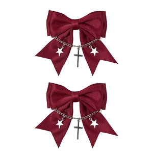 Fermagli per capelli a fiocco bordeaux stile gotico con catene di stelle e croce in argento