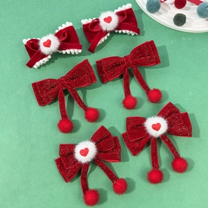 Barrette à Cheveux Nœud en Velours Rouge Avec Pompon et Cœur Épingles à Cheveux Festives Douces Accessoires Cheveux Princesse
